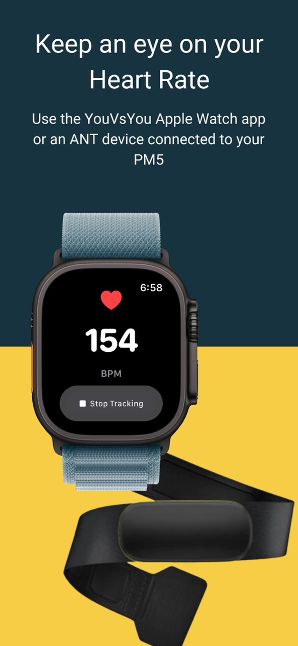 YouVsYou heart rate tracking on Apple Watch, or from an ANT device connected to the PM5